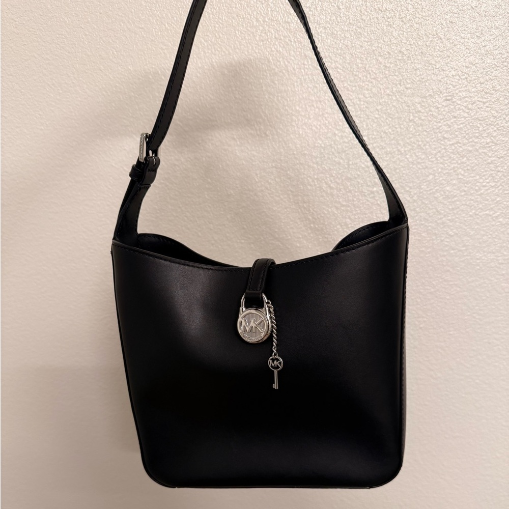 Michael Kors Black Leather Shoulder Bag with Signature Charm